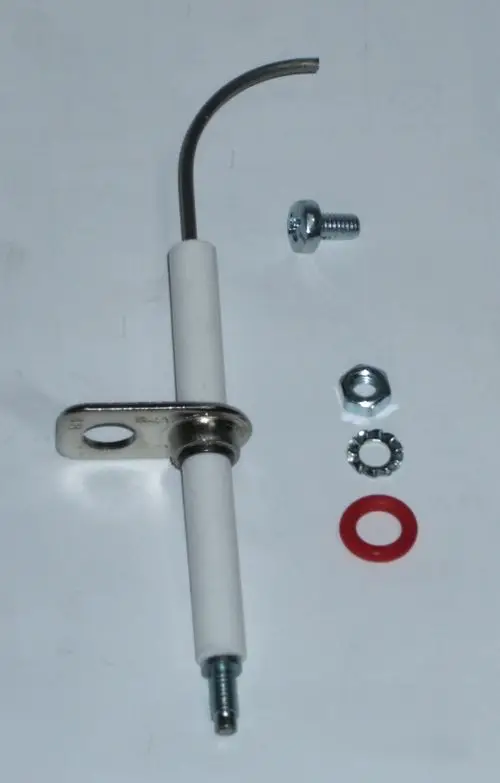 Daikin Überwachungselektrode mit einer gebogenen Metallspitze und weißem Isolierkörper. Zubehörteile: Schraube, Unterlegscheibe, Mutter und Dichtungen in verschiedenen Größen.